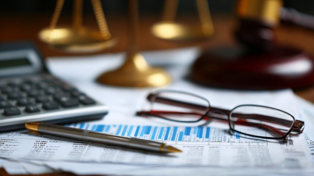Close-up of a pen, eyeglasses, calculator, and financial documents with a gavel and scales of justice in the background