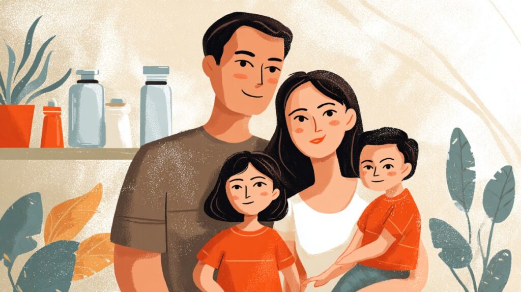 Illustration of a smiling family of four standing together with plants and bottles in the background