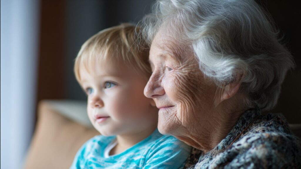 Elderly woman and young child sitting together, looking out a window with warm expressions