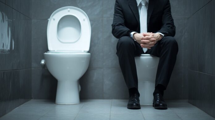 Man in a business suit sitting on a toilet, symbolizing possible urological health issues and the importance of recognizing early warning signs.