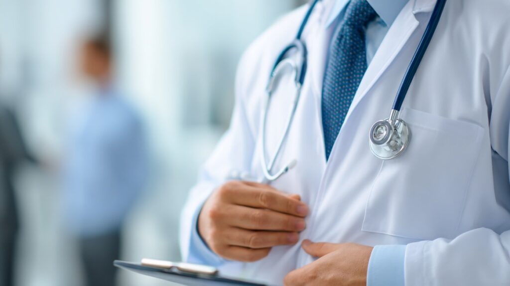 Close-up of a doctor in a white coat with a stethoscope, symbolizing medical help for frequent urination or urinary incontinence