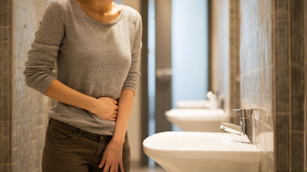 Person holding their lower abdomen in discomfort in a bathroom, symbolizing frequent urination or urinary incontinence