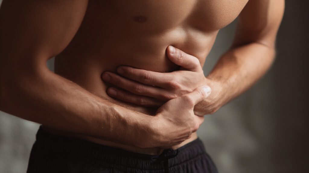 Close-up of a man holding his lower abdomen in pain, highlighting pelvic discomfort as a possible sign of urological issues