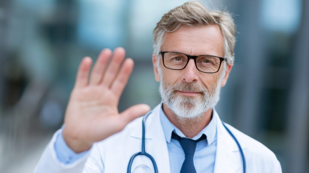 Doctor with glasses and stethoscope raising his hand in a gesture of awareness and prevention, symbolizing prostate health checkups