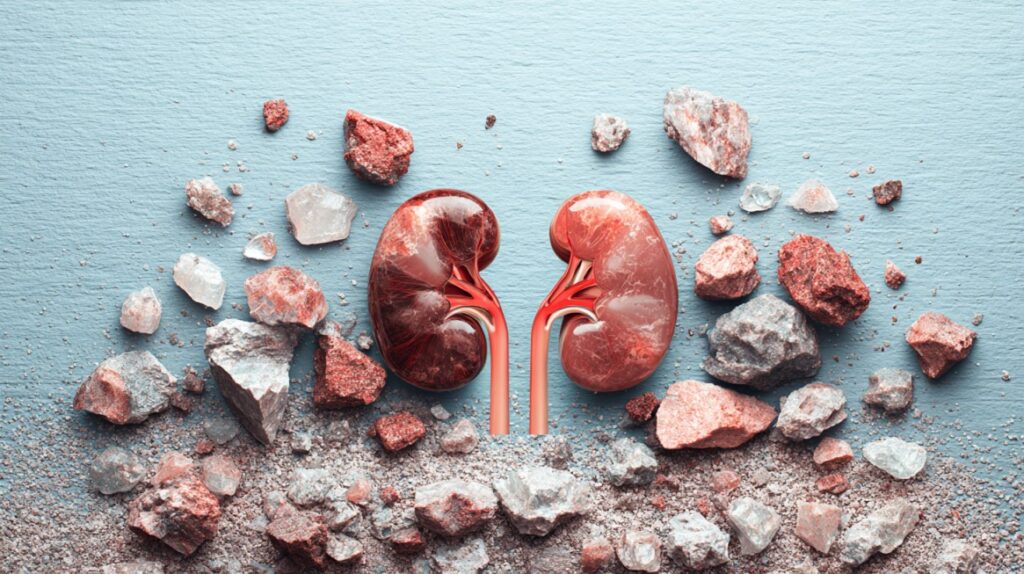 Illustration of human kidneys surrounded by scattered stones, symbolizing kidney stones and their impact on urinary health