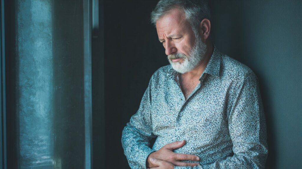 Older man with gray hair and beard holding his stomach in discomfort, symbolizing the need for a urology consultation